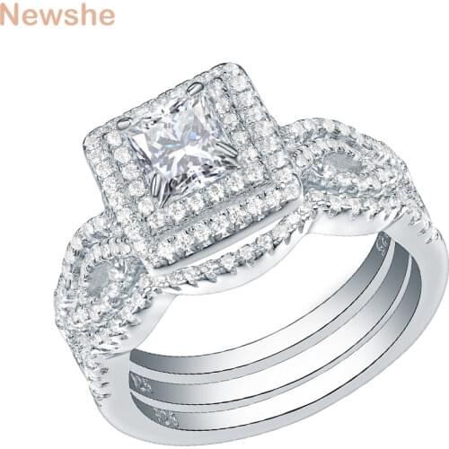 Newshe 3Pcs Wedding Rings For Women Trendy Jewelry 2.4 Ct Princess Cut White CZ 925 Sterling Silver Engagement Ring Set JR5256