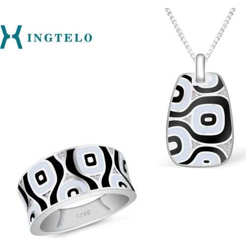 XINGTELO Silver Ring Pendant Chain for Women 925 Sterling Silver Jewelry Set Enamel Geometric Pattern Inlaid Crystal Jewelry