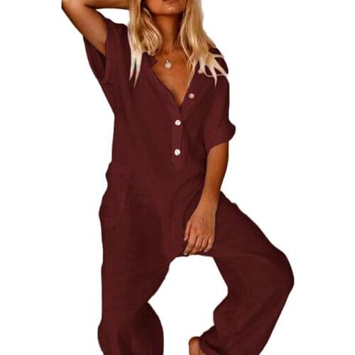 Jumpsuit Women Solid Color V Neck Short Sleeve jumpsuit women Buttons Pockets Loose Jumpsuit Overall комбинезон женский 2021