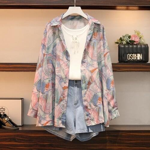 Summer Casual Women Three Piece Sets Graffiti print Shirt Blouse + Knit Tank Top+Jean Shorts Denim Pants Suit Set 3 Piece Set