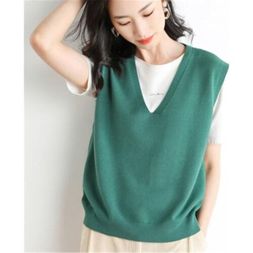 Women V Neck Sweater Vest Solid Knitted Tops Sleeveless Sweater Female Casual Ladies Pullovers Loose Jumper Autumn Spring PZ3874