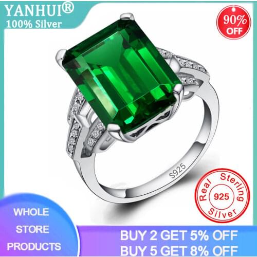 YANHUI Luxury 7.0ct Created Nano Emerald Ring 925 Sterling Silver Rings for Women Engagement Ring Silver 925 Gemstones Jewelry