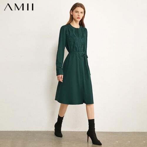 AMII Minimalism Autumn Vintage Women Dress Oneck Spliced Lace High Waist Women Dress Causal Calf-length Female Dress 12020281