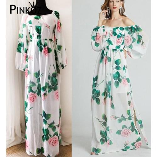 Pinkoz 2021 new autumn long sleeve rose maxi dress women green square collar long holiday boho dresses robe de mujer festival za