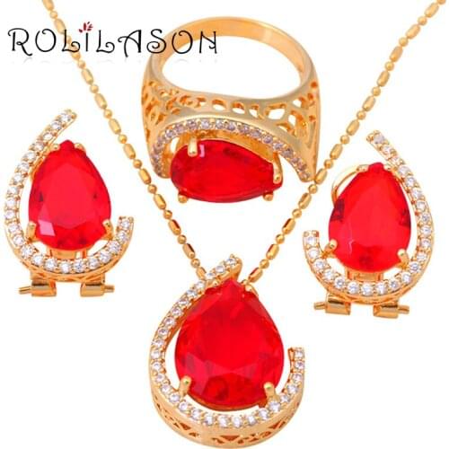 ROLOLASON Gold Tone Zirconia Crystal Health Earring Necklace Ring jewelry set for women size #7 #8.5 #9 JS304