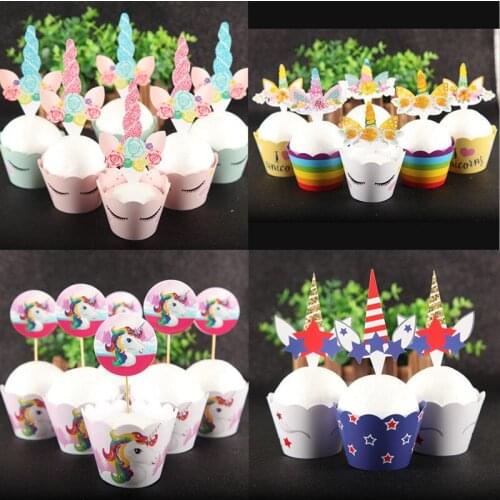 Unicorn Cupcake 12pcs Wrappers+ 12pcs Toppers set Kids Happy Birthday Party Supplies Cake Baking Baby Shower Party Decoration