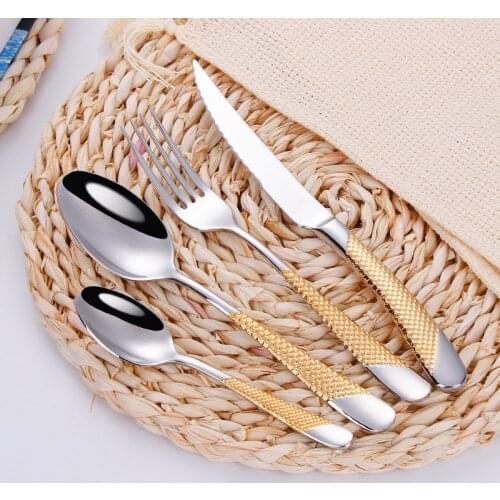 24Pcs KuBac Hommi Gold Plated Stainless Steel Dinnerware Set Dinner Knife Fork Cutlery Set Service For 4 Drop Shipping