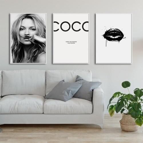 3 Pcs Modern Home Decor Beauty Girl Wall Art Canvas Painting Black White COCO Lip Salon Poster Print Pictures for Living Room