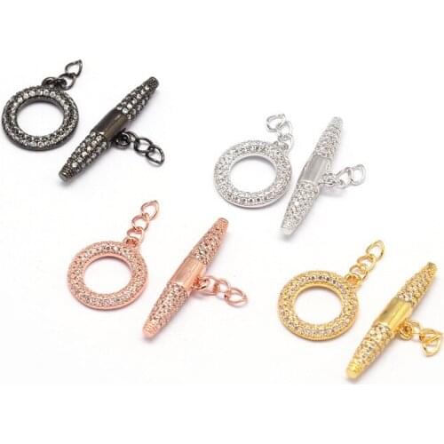 Brass micro pave cubic zirconia ring toggle & tbar clasps, cadmium free & nickel free & lead free, real Metal plated, 16x14x2mm