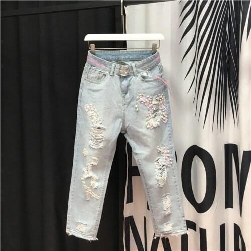 Euro Fashion Embroidered Flares Sequins Womens Denim Pants Spring Thin Hole Ripped Loose Ankle Length Female Straight Trousers