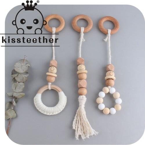 Kissteether Baby Creative Beech Wood Toy Teether New Hand-Woven Cotton Rope Molar Stick Shape Pacifier Wooden Teether Newborn