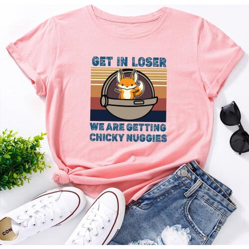 Womens Graphic Tees Cotton Short Sleeve Crew Neck T Shirt Tops Female Summer Casual Clothes Get In Loser Fox