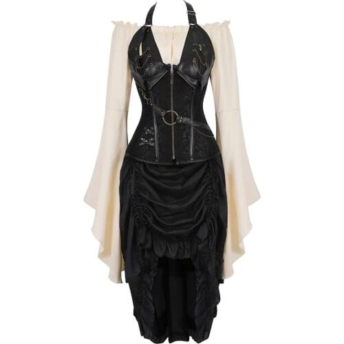 Corset Bustiers Halter with Pirate Skirt and Blouse Faux Leather Halterneck Korsage Sexy 3 Piece Carnival Dance Party Steampunk