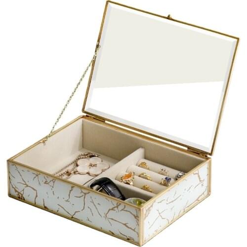 Creative Brass Glass Jewelry Storage Box Desktop Jewelry Necklace Display Box Glass Marble Texture Single Layer Storage Ornament