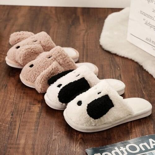 Ins Fashion Cartoon Cotton Women Slippers Cute Dog Autumn and Winter Ladies Flat Slippers Plush Home Warm Cotton Women Slippers