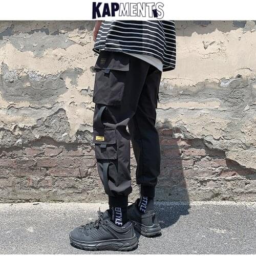 KAPMENTS Men Big Pockets Streetwear Cargo Pants 2020 Mens Overalls Hip Hop Joggers Pants Male Korean Loose High Waist Trousers