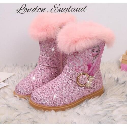 New Winter Children Cartoon Boots For Girl Frozen Elsa Princess Plush Snow Boots Fashion Sequins Baby Girls Boots Pink Blue