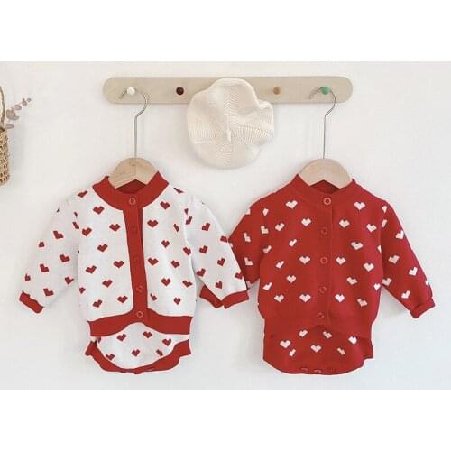 Autumn New Baby Girls Heart Pattern Cardigan Romper Optional