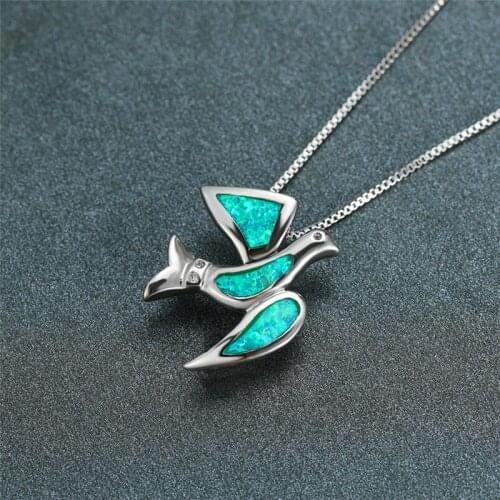Charm Silver Color Chain Necklace Cute Zircon Bird Necklace Dainty Female Green Opal Pendant Necklaces For Women Wedding Jewelry
