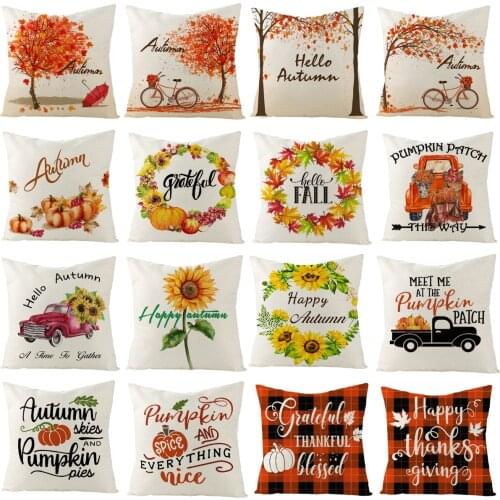 Autumn Gold Maple Leaves Linen Pillowcase Farmhouse Decorative Pillows Cover Hello Fall Pumpkin Trucks Print Sofa Throw Pillows