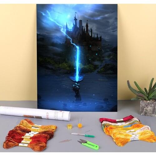 Scenery Excalibur Printed Fabric 11CT Cross Stitch Full Kit DIY Embroidery DMC Threads Sewing Handmade Painting Hobby Magic