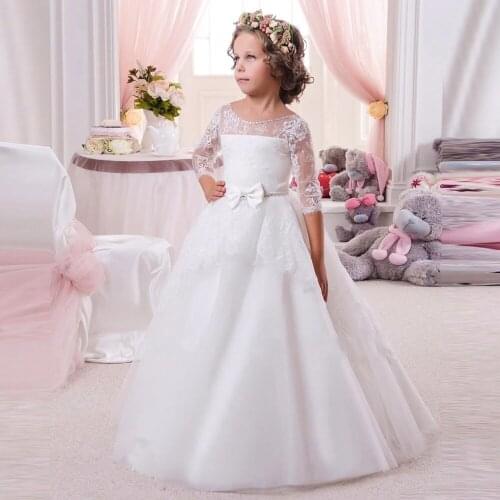 Puffy Tulle Lace Ball Gown Flower Girl Dresses Lace Girl Princess Dress Illusion Girl Wedding Party Dress First Communion