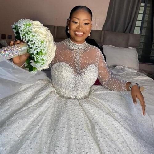 Luxury Beading Plus Size Wedding Dresses South African Sheer High Neck Long Sleeves A Line Bridal Gowns Wedding Vestidos