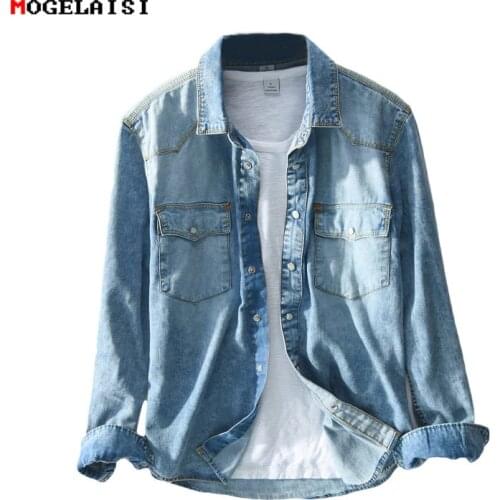 Safari Style Mens Shirts Slim Retro Jeans Blue Shirt For Man Denim Pockets Shirt Male chemise homme camisa masculina M-3XL 360