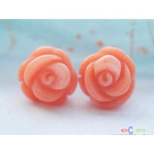 S1424 Hand Carved 13mm pink coral rose stud earring