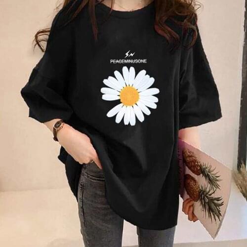 Oversize Printed Loose Mid-length T-shirt Female Short-sleeve Korean Version Summer Womens New Fresh Little Daisy Casual Top