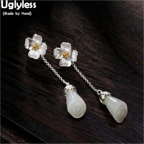 Uglyless 100% Real 925 Sterling Silver Handmade Flower Earrings for Women Natural Jade Magnolia Floral Fine Jewelry Gems Brincos