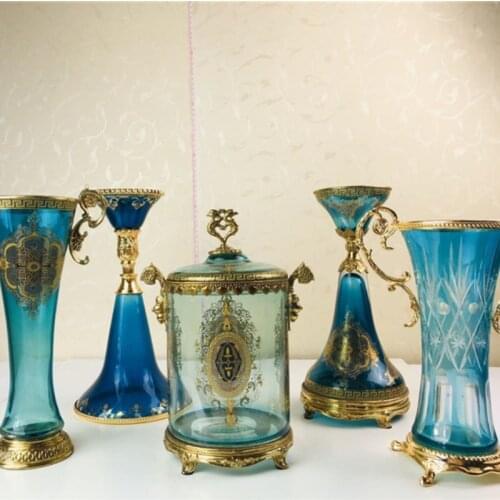 GY European French Style Home Decoration Pure Copper Crafts Glass Blue Vase Candlestick Living Room Decoration