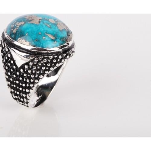 UM US JEWELRY Turquoise Natural Stone Hand Embroidered 925 Sterling Silver Men Ring