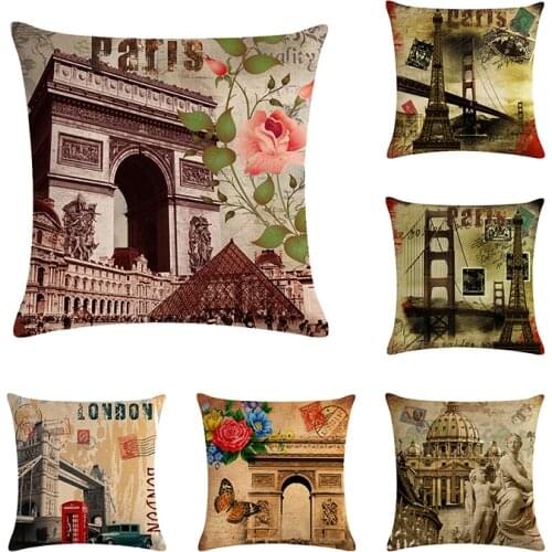 Vintage Ancient Architectural Buildings Style Pillowcase France Arc de Triomphe Statue of Liberty Throw Pilow Cover case
