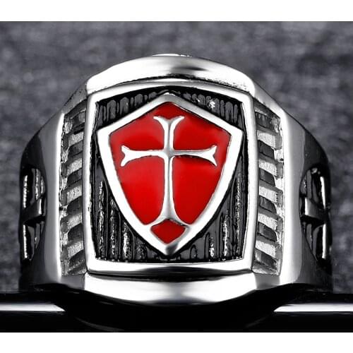Vintage Man Templar Drops Cross Rings Knights Templars Red And Black Cross For Men Signet Stainless Steel Knights Ring