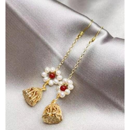 Jewelry 100% Natural freshwater Pearl Hand wound red agate Earring 925 sterling Silver hook drop Hand woven 14k Note gold pair