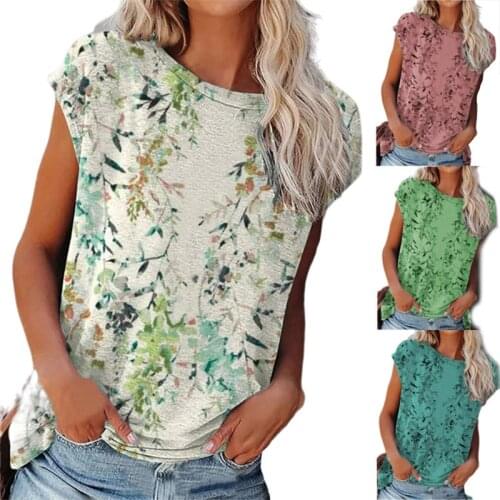 Fashion Flower Printed Short Sleeve T-shirt Summer Round Neck Casual Loose Pullover Shirt Vintage Plus Size Vest Women Clothing