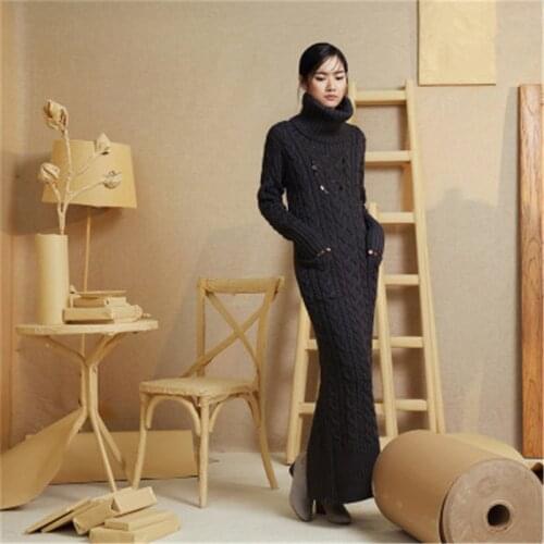 100%hand made pure wool turtleneck knit women streetwear solid H-straight slim super long pullover sweater one&over size