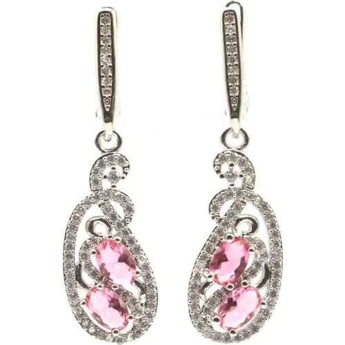 39x11mm Gorgeous Long Big Created Pink Tourmaline White CZ Womans Jewelry Silver Earrings