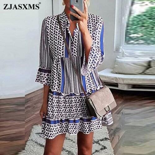Women Sexy Digital Print Ruffle Party Dress 2021 Summer 3/4 Butterfly Sleeve Mini Dress Spring V-neck Patchwork Female Dress 2XL