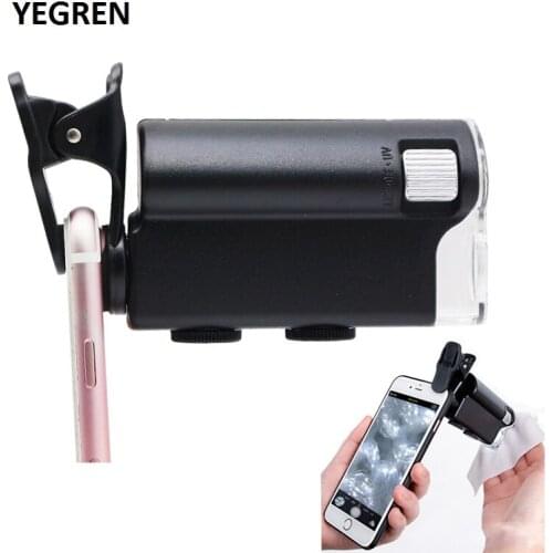 10 pcs/lot Cell Phone Clip-on Microscope 60X-100X Illuminated Monocular Microscope Universal Clip Magnifying Glass LED UV Lamp