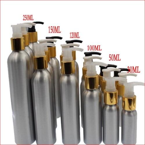30/50/100/120/150/250ml aluminum bottle cosmetics bottle makeup Refillable Bottles w gold collar press pump CONTAINER