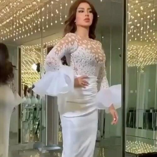 White prom dresses 2020 sheer crew neckline lace appliques beading sequins sheath long ankle length evening dresses gowns