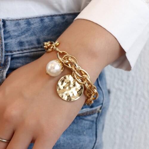 AENSOA Punk Hip Hop Smooth Round Bracelet Retro Chunky Multilayer Cuban Chain Pearl Pendant Bracelet Fashion Female Jewelry Gift
