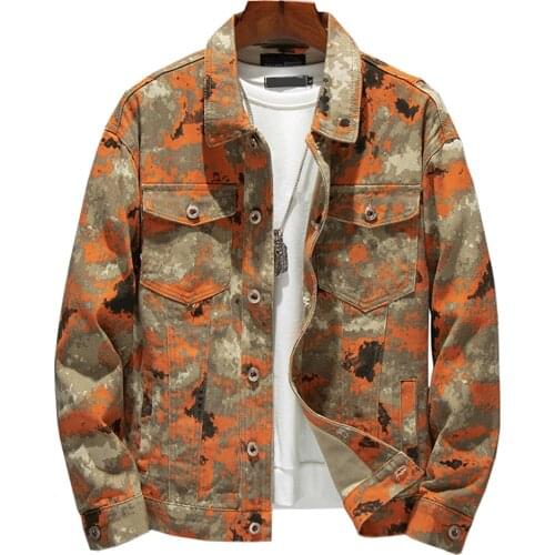 Mens Desert Camouflage Cargo Denim Jacket Loose Military Turn Down Collar Jean Coat Streetwear Outerwear