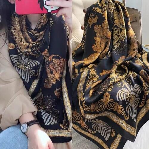 Autumn Winter Black Gold 100% Pure Silk Square Scarf Bandanas Fashion Elegant Female Scarves Hijabs New Brand Headscarf Foulard
