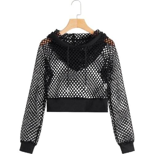 Fashion Mesh Net Black Crop Top Sweatshirt Long Sleeve Women Hoodies Hooded Streetwear Harajuku Hoodie Clubwear Party Pullover