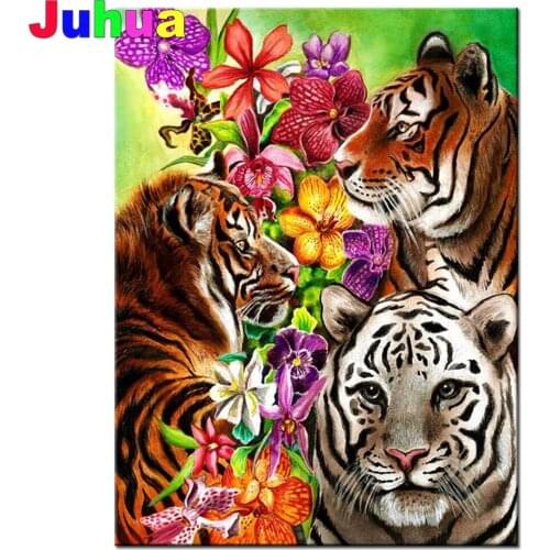 Diamond Pattern White Tiger,Diamond Painting Kit Jungle Animal Full Square Round Diy Diamond Embroidery Butterfly And Flowers