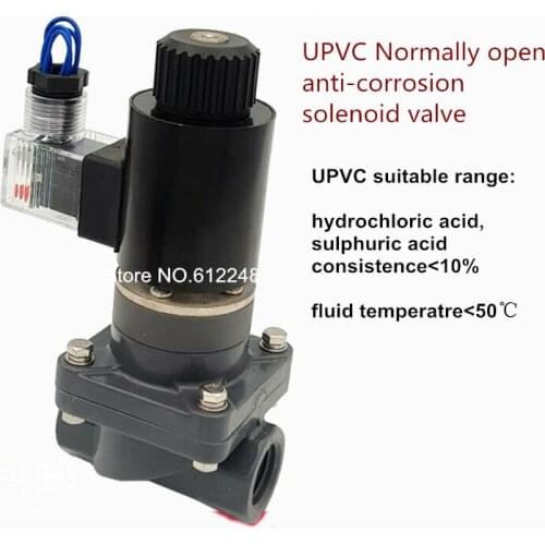 Normally Open UPVC Solenoid Valve Corrosion Acid Resistance Valve DN15 DN20 DN25 1/2" 3/4" 1"