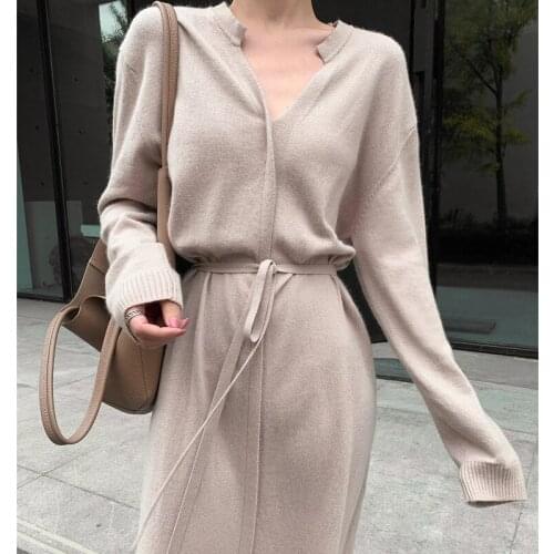 Autumn and winter with coat mid-length over-the-knee bottoming sweater skirt drawstring waist temperament slim knitted dress